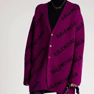 Balenciaga Logo Cardigan Purple & Black Wool